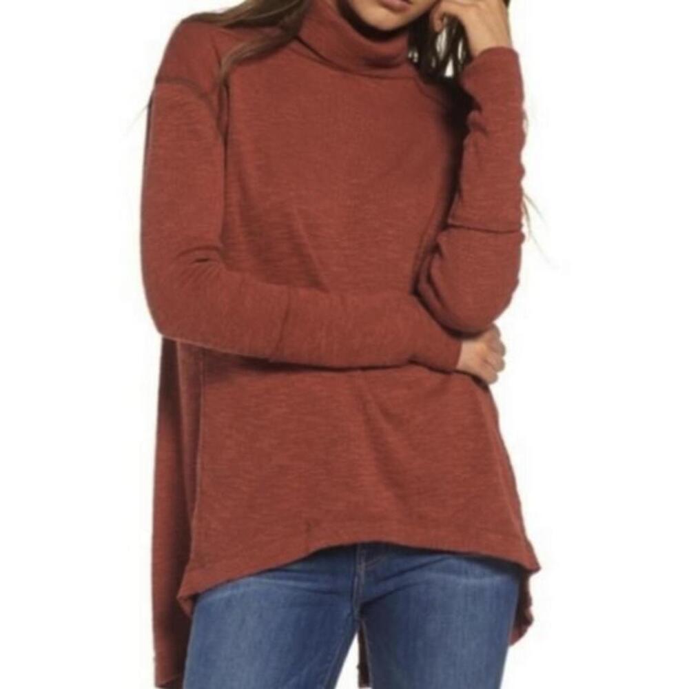 We The Free Rust Red Draped Split Back Turtleneck Sweater - Size - XS